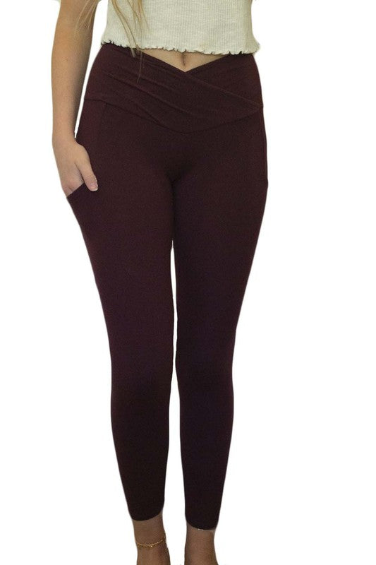 BURGUNDY CROSS WAISTBAND POCKET LEGGINGS