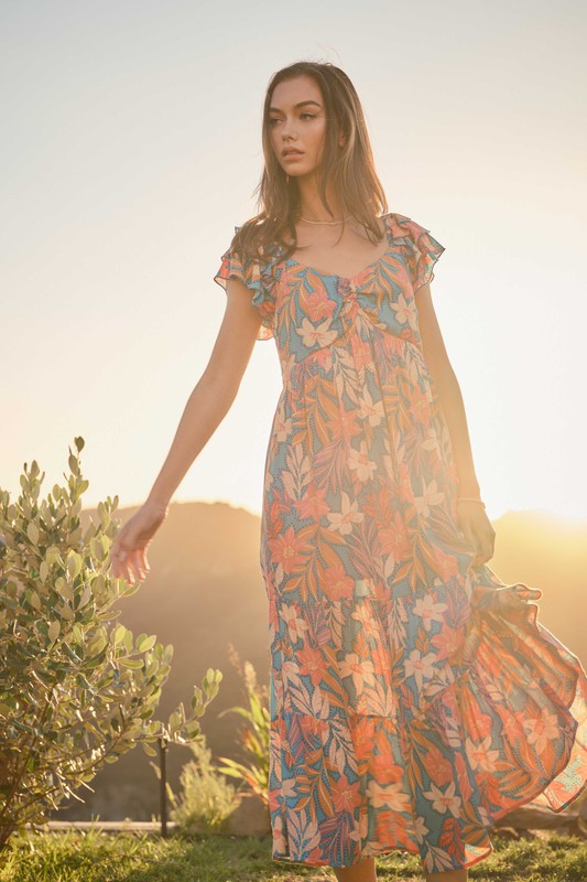 Turquoise Floral Midi Dress