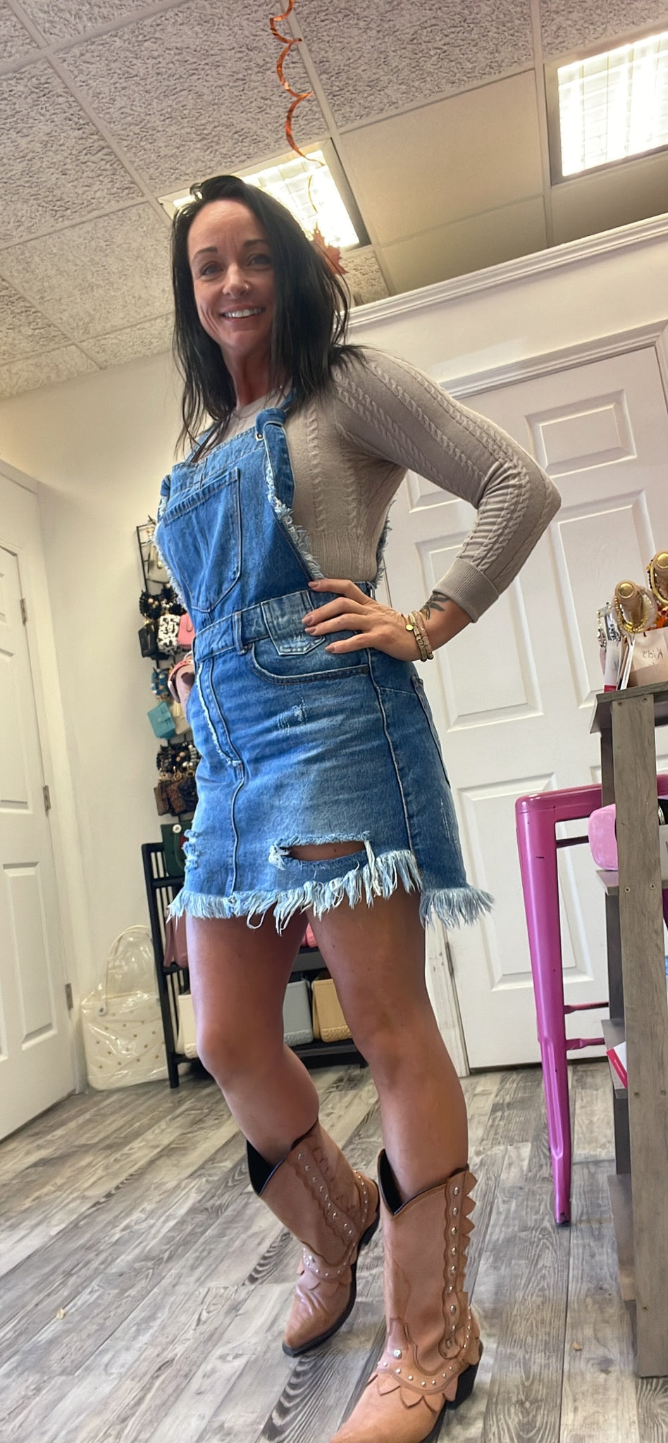 Distressed Overall Dress Medium