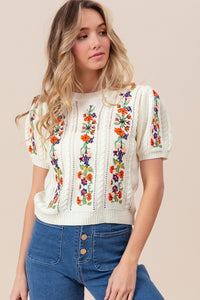 Flower Embroidery  Short Sleeve Sweater