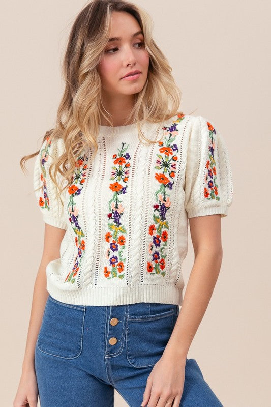 Flower Embroidery  Short Sleeve Sweater